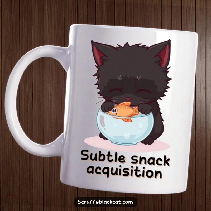 Funny scruffy black kitten mug, gently reaching a paw towards a tiny fish in a small bowl, eyes focused on the prize.