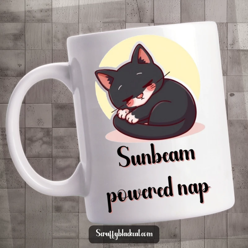 Funny black cat mug showing a cat curled up purring contentedly in a bright sunbeam, radiating peace.