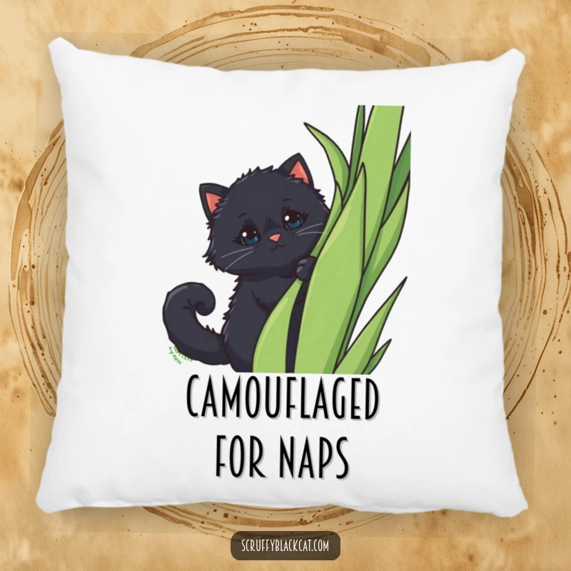 Funny Pillow: A fluffy black cat with a curled tail peeking out from behind a tall plant, offering a glimpse of playful mystery.