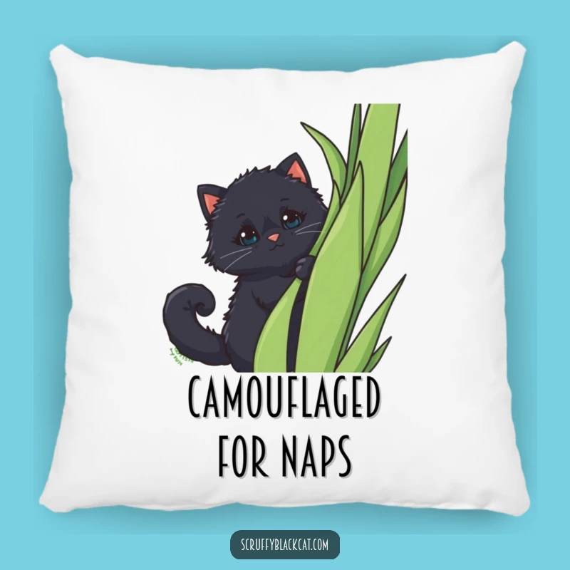 Funny Peek-a-Boo Cat Pillow: Fluffy Black Cat Behind Plant, Soft Funny Decor