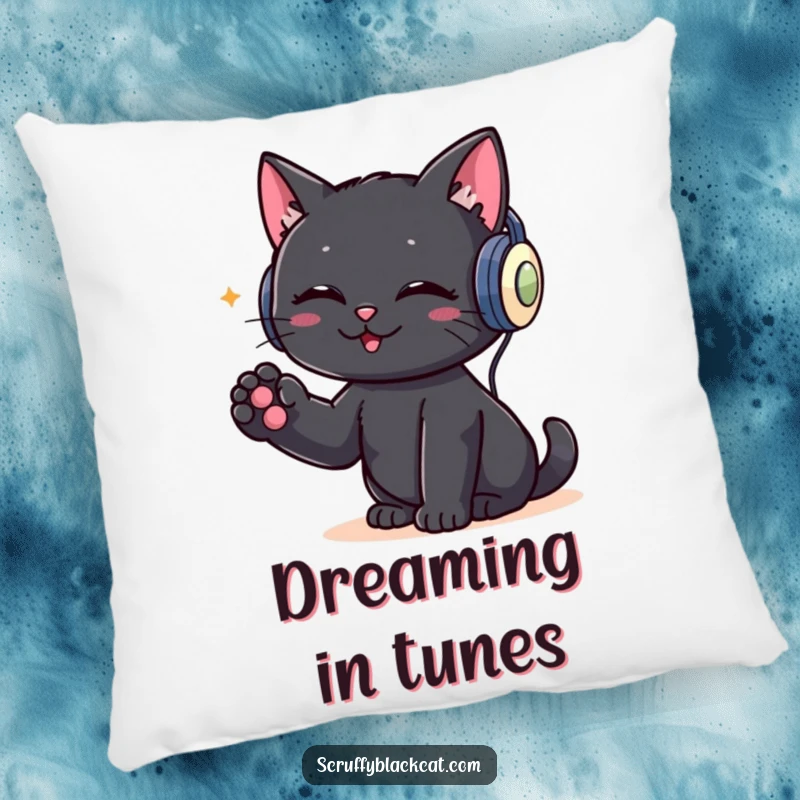 Funny pillow featuring a black cat wearing headphones and tapping its paw to the beat, bringing music and feline fun to any room.