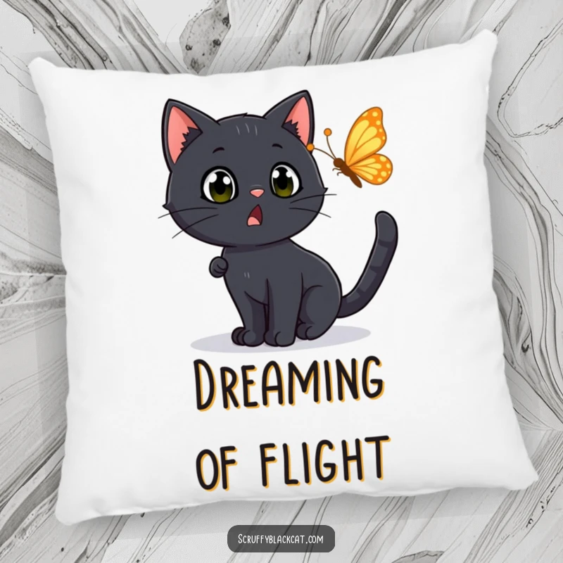 Funny Pillow: A black cat with a surprised expression chasing a fluttering butterfly, adding a touch of soft humor.