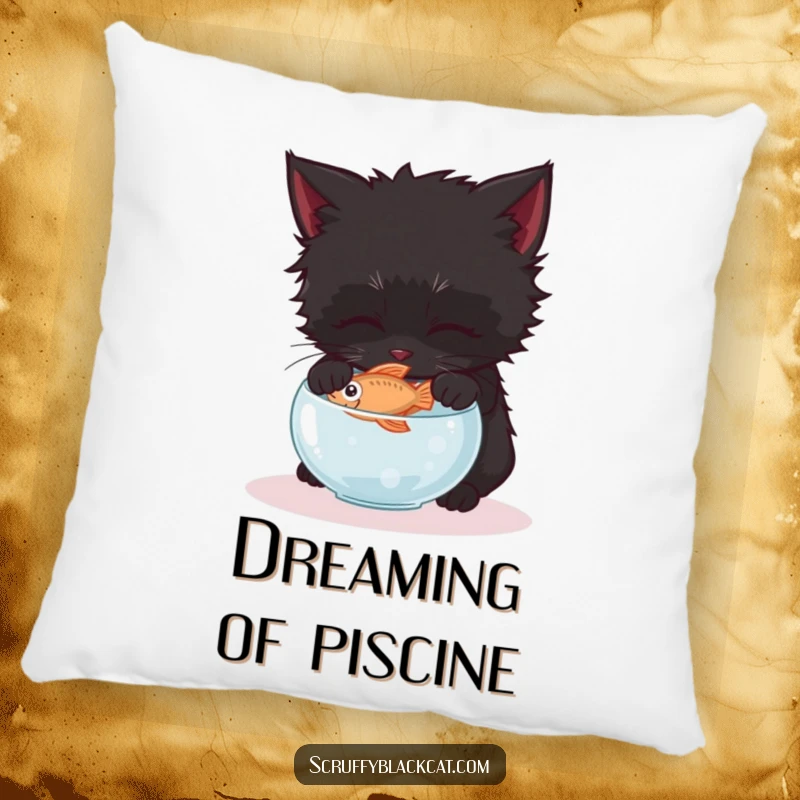 Funny scruffy black kitten pillow, showing it gently trying to pilfer a fish from a tiny bowl.