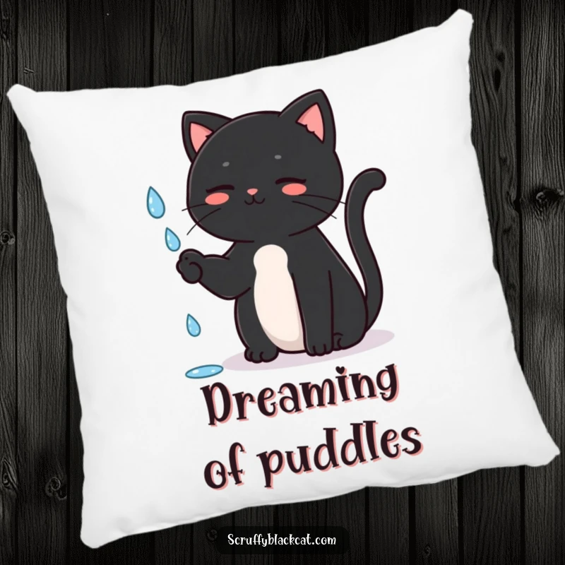 Funny Cat Pillow featuring a black cat sitting upright, batting playfully at a raindrop, offering cozy comfort and innocent humor, a great funny gift.
