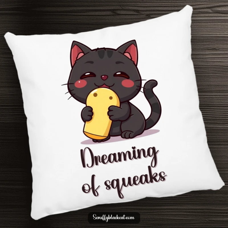 Funny Black Cat Pillow: A triumphant black cat poses with a squeaky toy, offering a hilarious and huggable dose of feline joy.