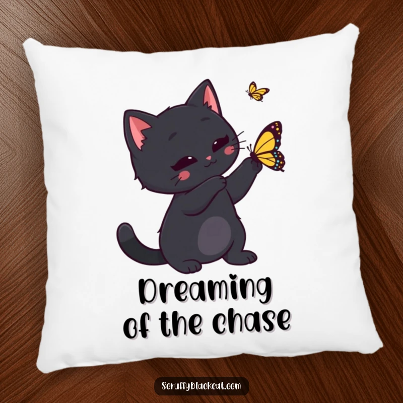 Funny black cat playfully batting at a butterfly, printed on a plush pillow, bringing adorable and humorous feline energy indoors.