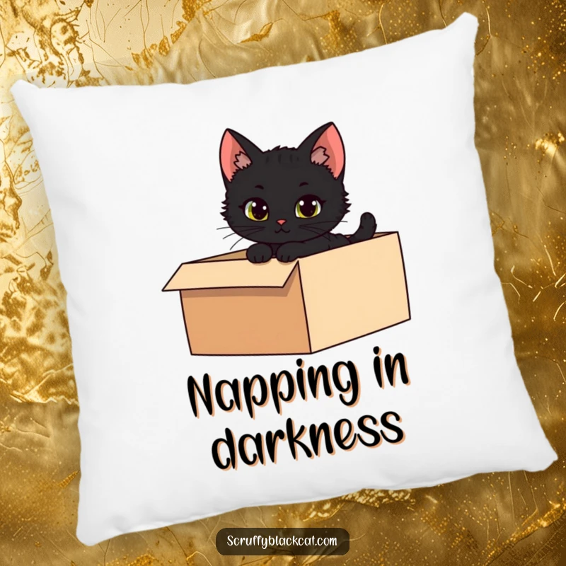 Funny decorative pillow featuring a mischievous black kitten peeking from a shadowy box, offering cozy intrigue.