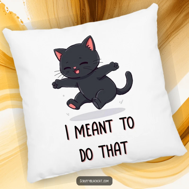 Funny black cat pillow with a cat mid-failed leap and soft thud, offering comfort and humor for cat lovers.