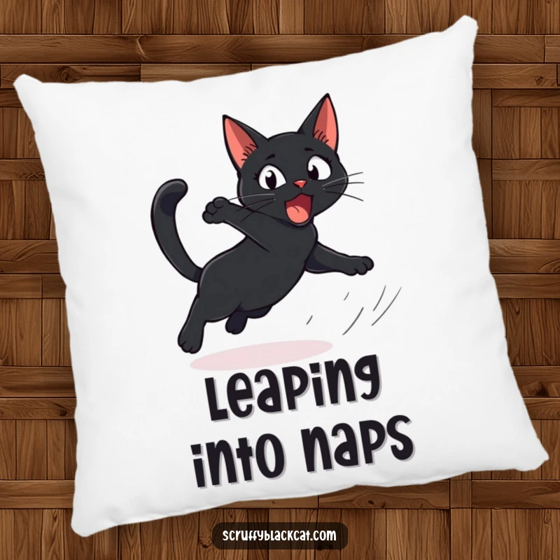 Funny Cat Pillow with a startled black cat comically leaping, offering cozy comfort and a dose of hilarious surprise.