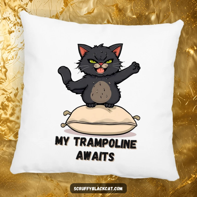 Funny Pillow: Scruffy black cat with a mischievous grin leaping acrobatically over a cushion, adding playful comfort.
