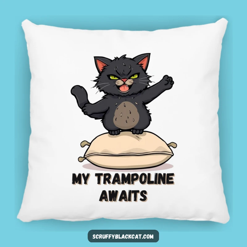 Funny Acrobat Cat Pillow: Scruffy Black Cat Leaping Over Cushion, Comfy Funny Decor
