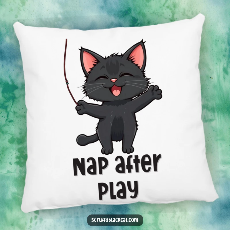 Funny Cat Pillow with a scruffy black cat batting a dangling string, offering comfort and playful feline charm.
