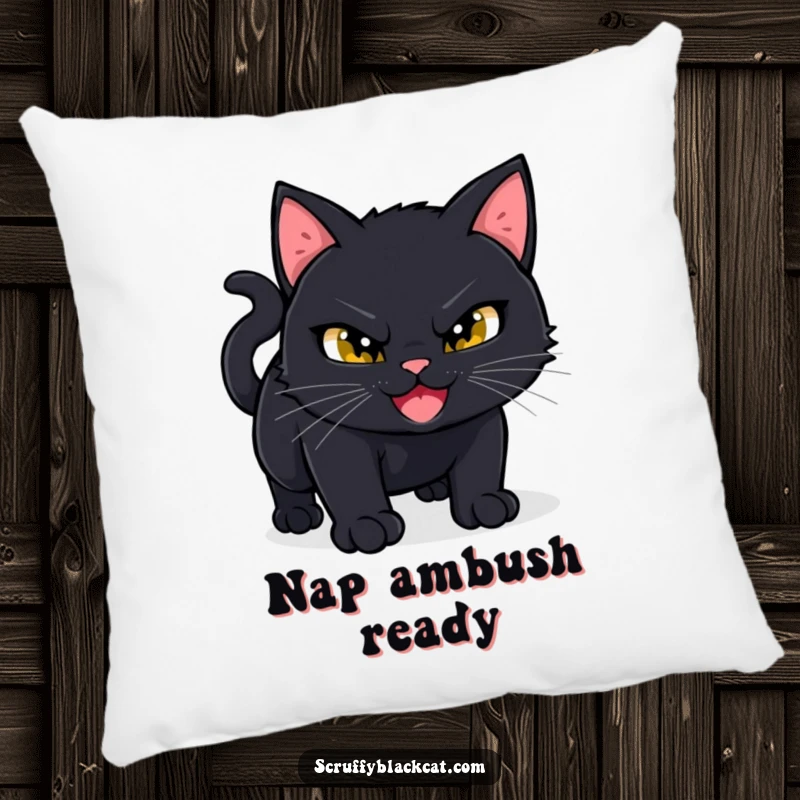 Funny Black Cat Pillow: A mischievous black cat grins slyly, poised to pounce, adding a humorous touch to any room.