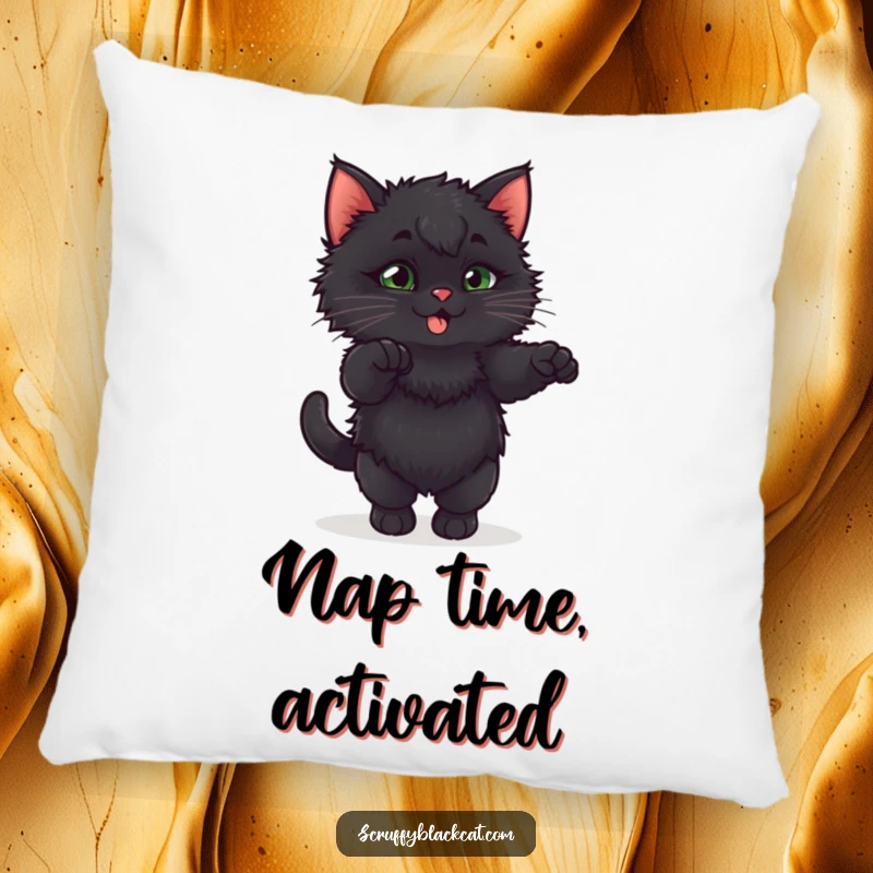 Funny fluffy black kitten doing an exaggerated, playful stretch on a soft, decorative pillow.