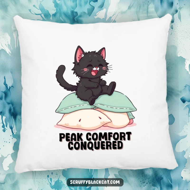 Funny scruffy black kitten pillow, showing it joyfully plunging into a cloud of soft, inviting pillows.