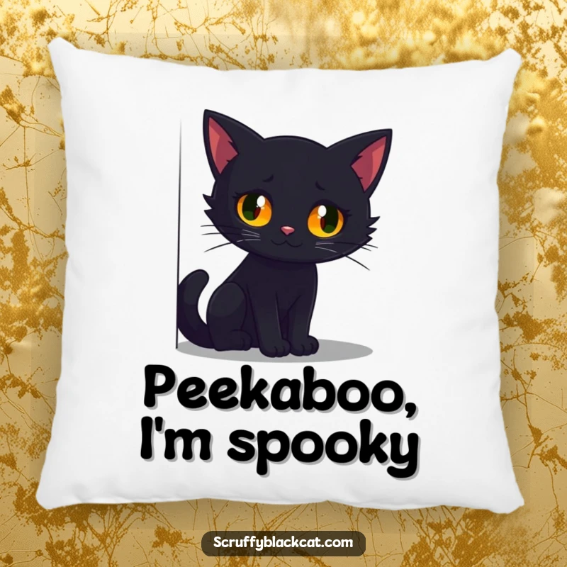 Funny pillow showcasing a black cat with vivid, glowing eyes as it peeks out from a shadowy, mysterious corner.