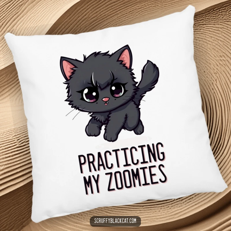 Funny scruffy black kitten pillow, showing it hilariously spinning in circles, eyes glued to its own fluffy tail.