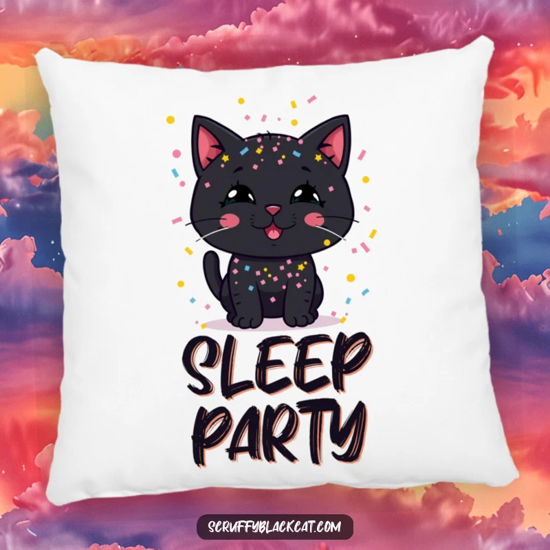 Funny pillow featuring a black cat with a silly grin, completely covered in colorful confetti.