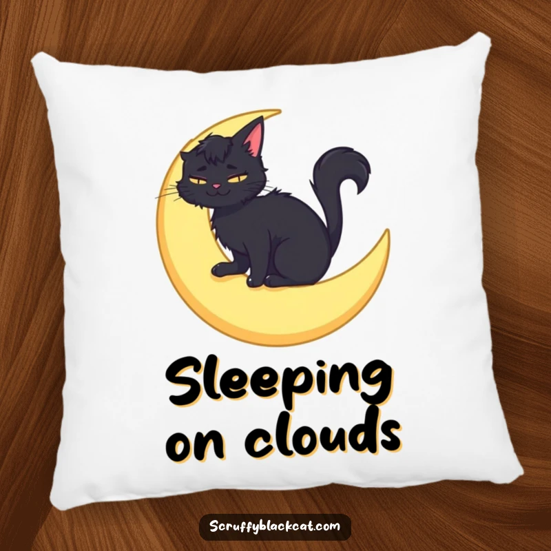Funny pillow featuring a scruffy black cat sitting on a crescent moon, smiling peacefully, bringing celestial charm and coziness.