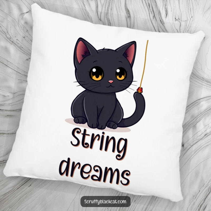 Funny black cat pillow featuring a sleek cat with large, round eyes playfully batting at a dangling string, perfect for adding comfort and feline humor.