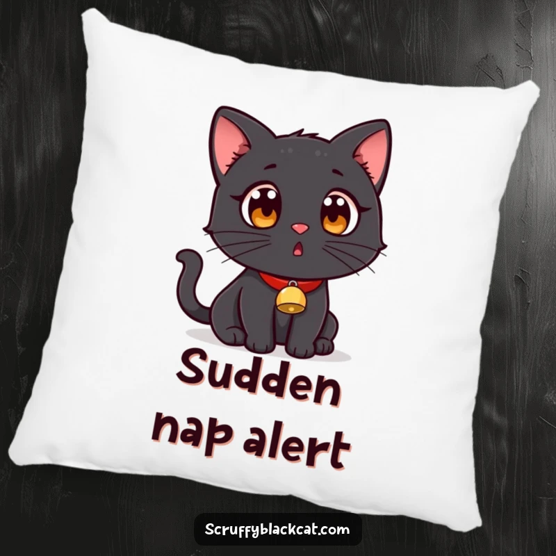 Funny black cat wearing a tiny bell collar, looking surprised on a soft, decorative pillow.