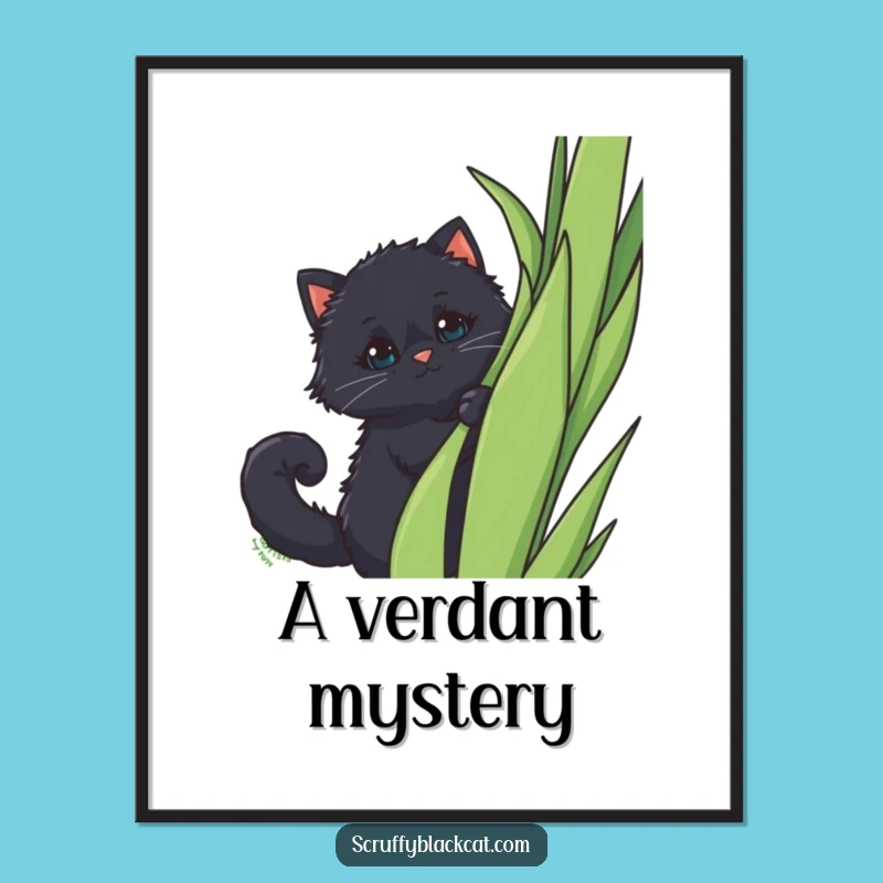 Funny Peek-a-Boo Cat Digital Print: Fluffy Black Cat Behind Plant, Instant Funny Art