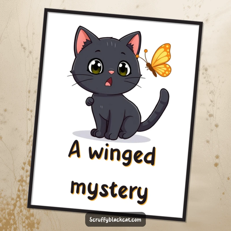 Funny Digital Art Print: A black cat with a surprised expression chasing a fluttering butterfly, capturing a moment of lighthearted pursuit.