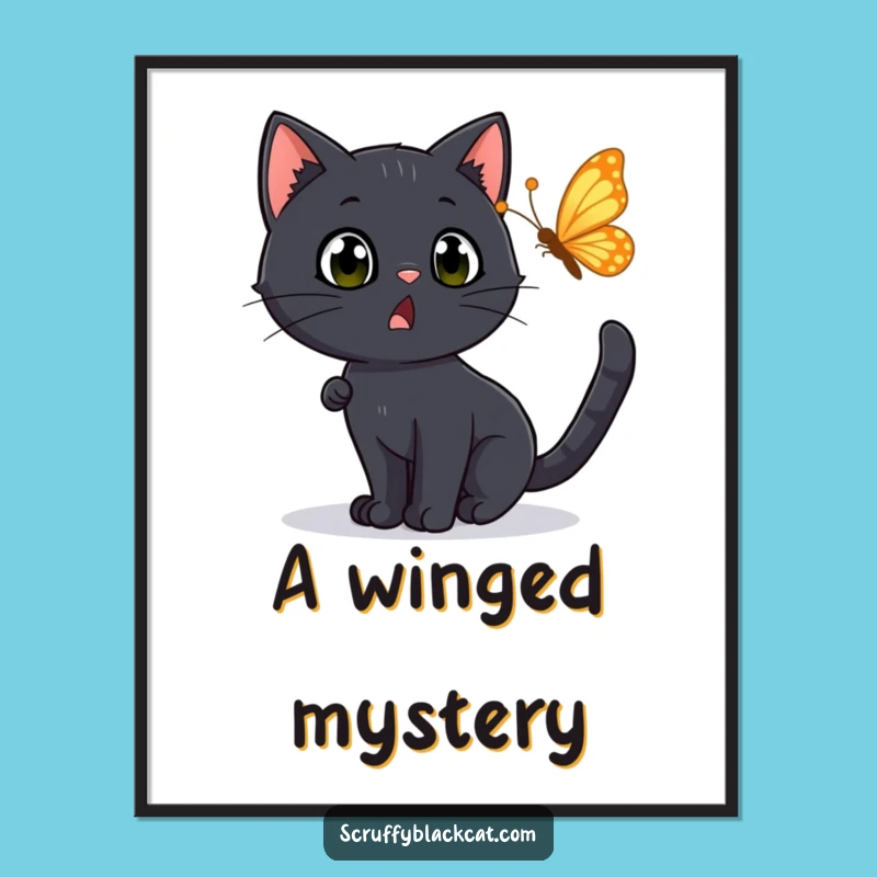 Funny Surprised Cat Digital Print: Black Cat Chasing Butterfly, Instant Funny Art