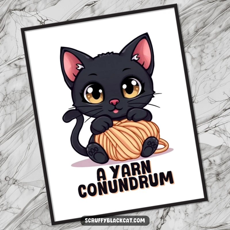 Funny Digital Art Print: A black cat with wide, curious eyes tangled in a ball of yarn, capturing playful entanglement.