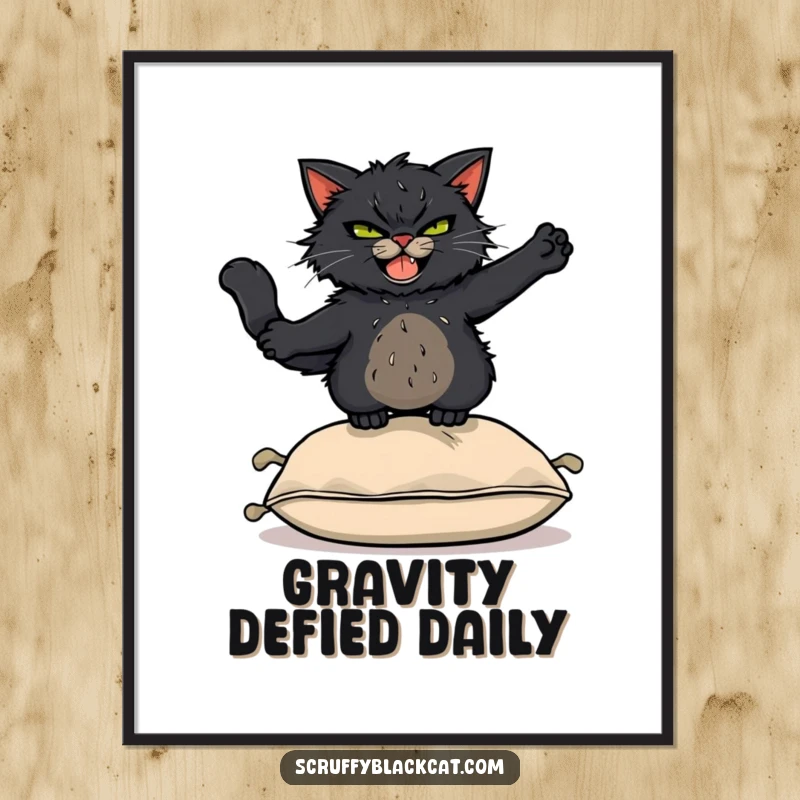 Funny Digital Art Print: Scruffy black cat with a mischievous grin leaping acrobatically over a cushion, capturing dynamic, playful movement.