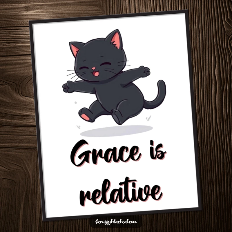 Funny black cat digital art print of a failed graceful leap with a soft thud, capturing hilarious feline clumsiness.
