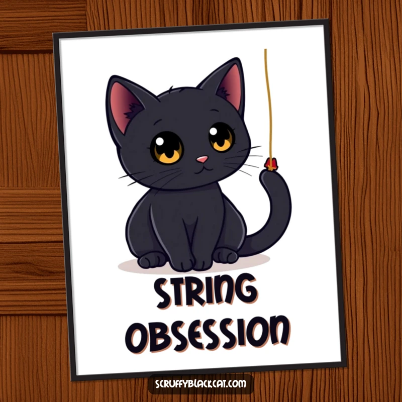 Funny black cat string digital art print of a sleek cat with large, round eyes playfully batting at a dangling string, radiating pure feline amusement.