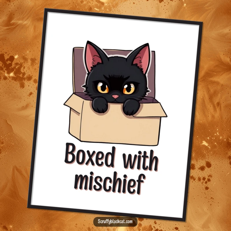 Funny Cat Digital Art Print of a mischievous black cat peeking from a box, eyes gleaming, creating instant mysterious decor.