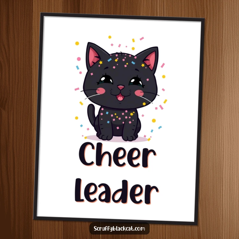 Funny digital art print of a black cat with a silly grin, completely covered in a shower of confetti.