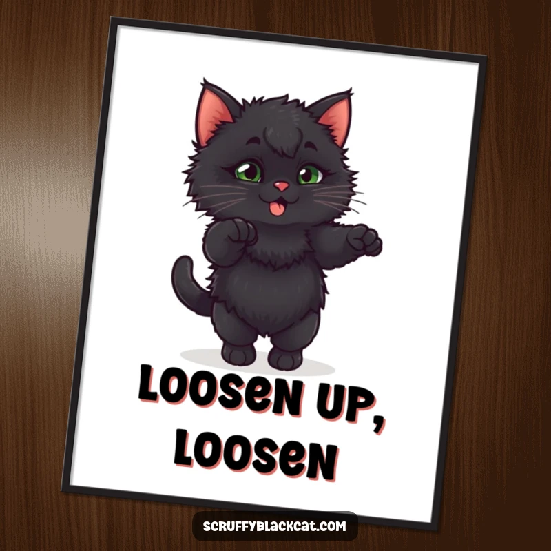 Funny fluffy black kitten in an exaggerated, playful stretch, as a delightful digital art print.