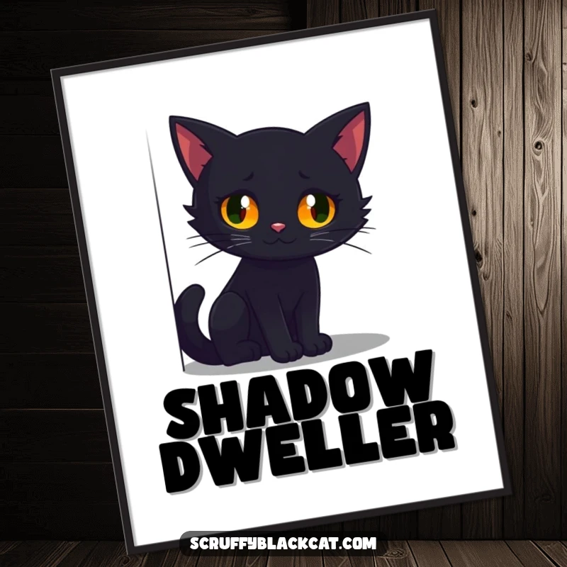 Funny digital art print of a black cat with intense, glowing eyes peering from a deep, shadowy corner, ready to print.