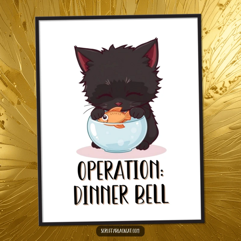 Funny black kitten digital art print, capturing the moment it gently tries to steal a fish from a tiny bowl.
