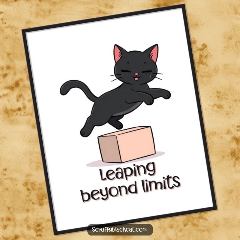 Funny black cat digital art print of a black cat artfully leaping over a small, colorful item, perfect for framing and displaying.