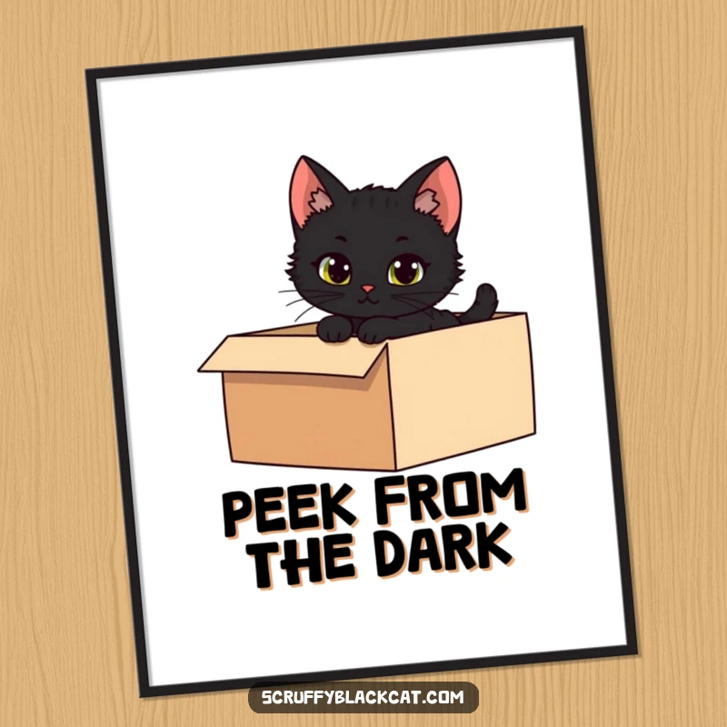 Funny digital art of a mischievous black kitten peeking from the shadows of a dark box, capturing playful curiosity.