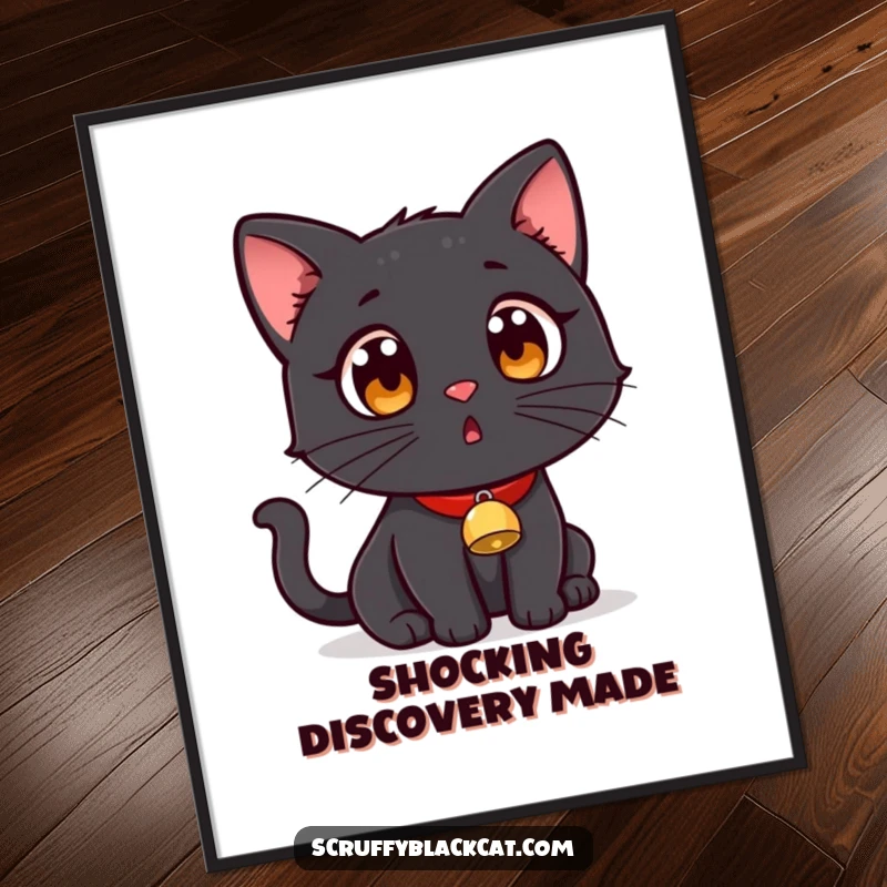 Funny black cat wearing a tiny bell collar, looking wide-eyed and surprised, as a digital art print.