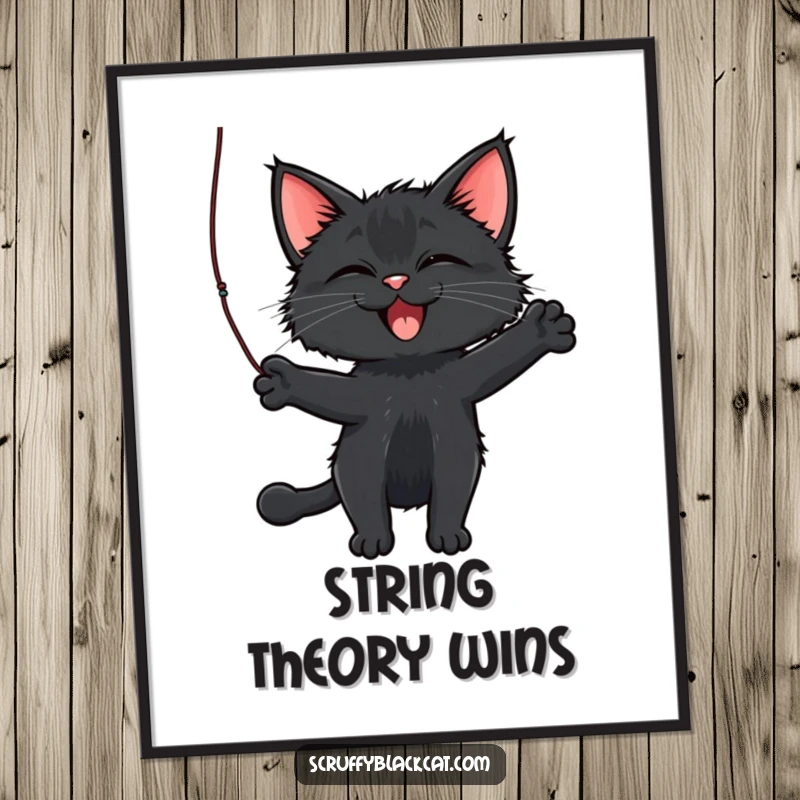Funny Cat Digital Art Print of a scruffy black cat joyfully batting a dangling string, creating instant playful decor.