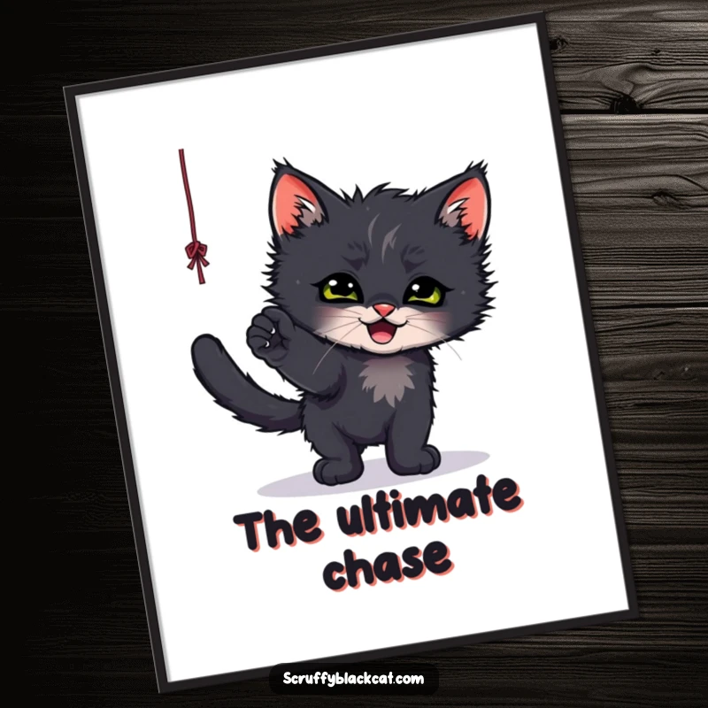 Funny digital art of a scruffy black kitten gleefully batting at a dangling string, capturing pure playful joy.