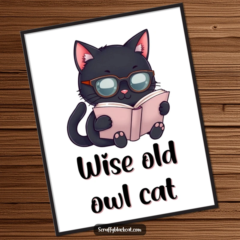 Funny Scholar Cat Digital Art Print: A black cat in spectacles engrossed in a book, a witty and funny gift.