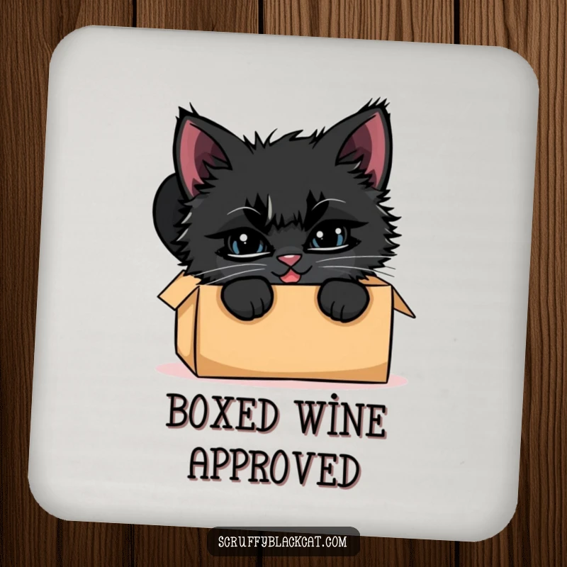 Funny scruffy black kitten drink coaster, showing it peeking from a cardboard box with a mischievous grin.