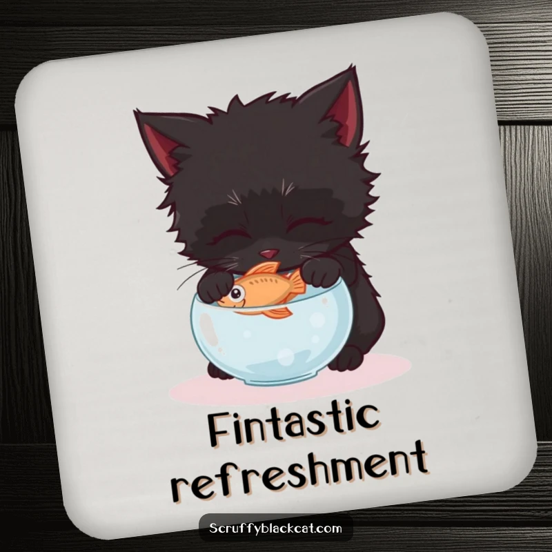 Funny scruffy black kitten drink coaster, showing it gently reaching for a fish in a tiny bowl.