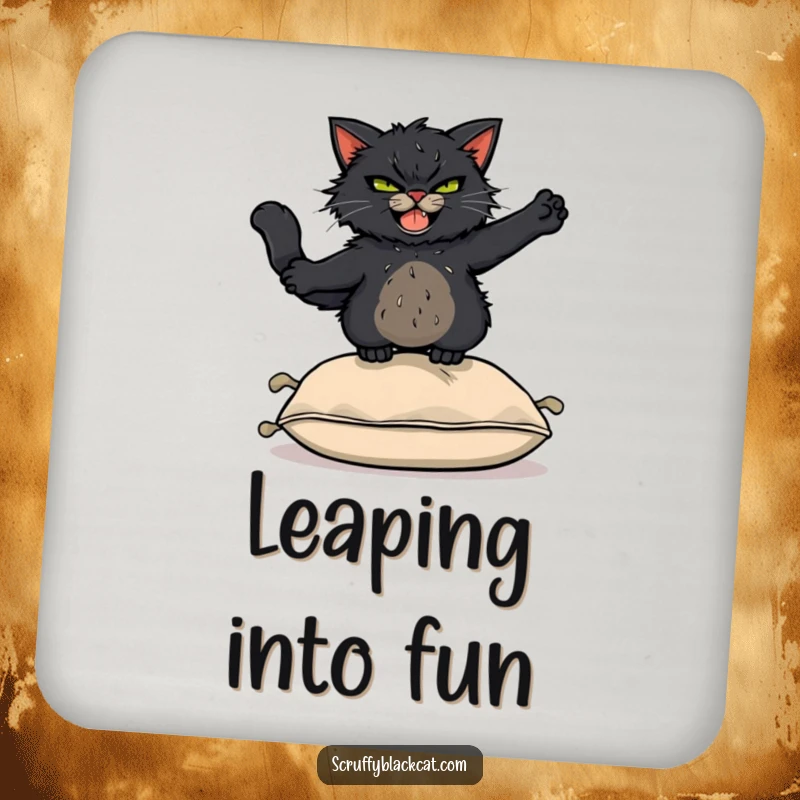 Funny Coaster: Scruffy black cat with a mischievous grin leaping acrobatically over a cushion, adding playful protection.