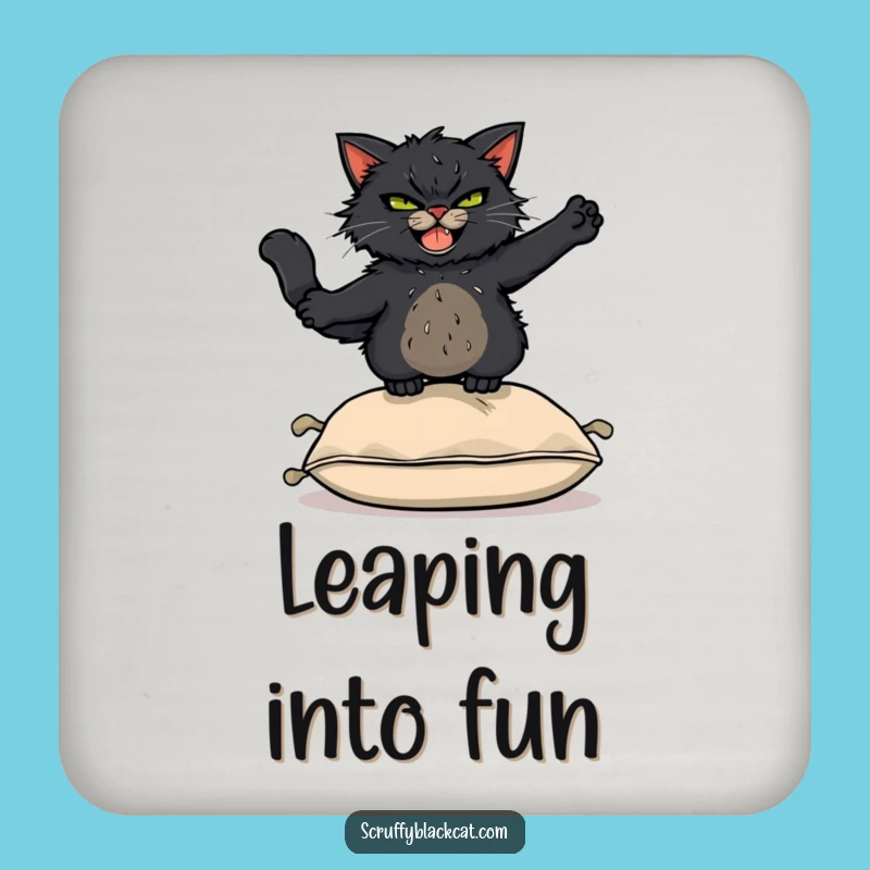 Funny Acrobat Cat Coaster: Scruffy Black Cat Leaping Over Cushion, Protect Surface Funny Gift