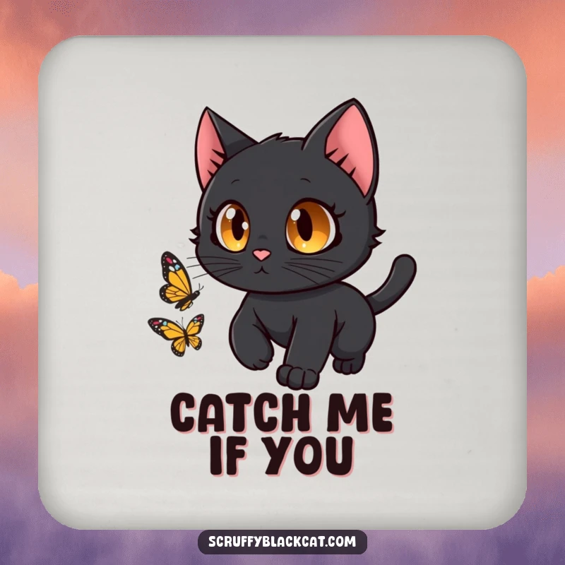 Funny black cat with big, curious eyes chasing a butterfly, printed on protective drink coasters.