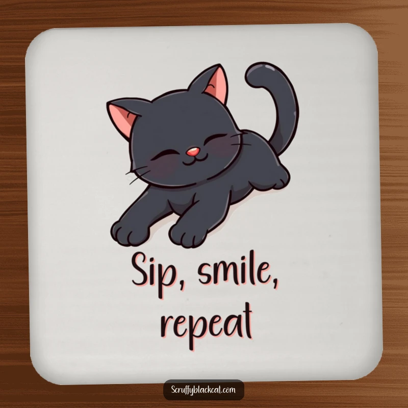 Funny happy black cat drink coaster with a cat stretching with a contented smile, protecting surfaces with humor.