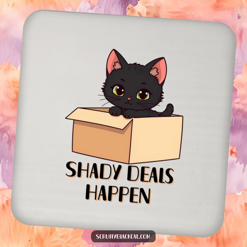 Funny drink coaster featuring a mischievous black kitten peeking from a shadowy box, ideal for surface protection.